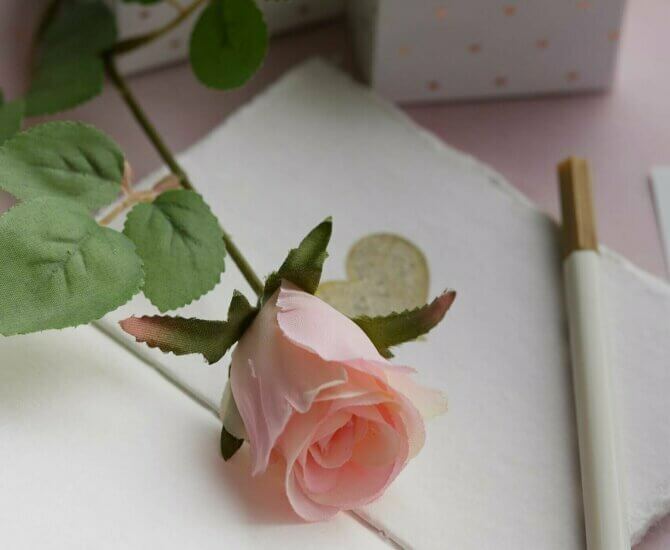 a pink rose with a note and candy